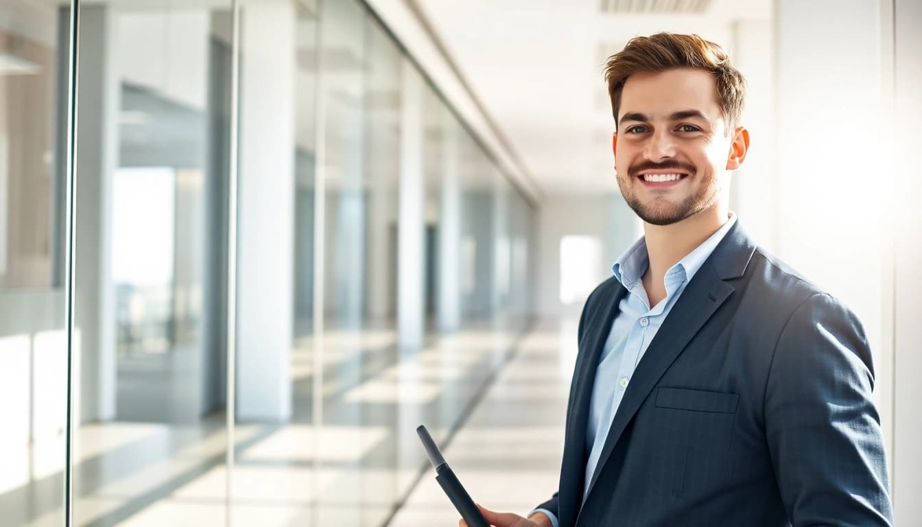 Professioneller Gebäudereiniger Münster bei der Arbeit im Büro mit modernen Reinigungsgeräten.