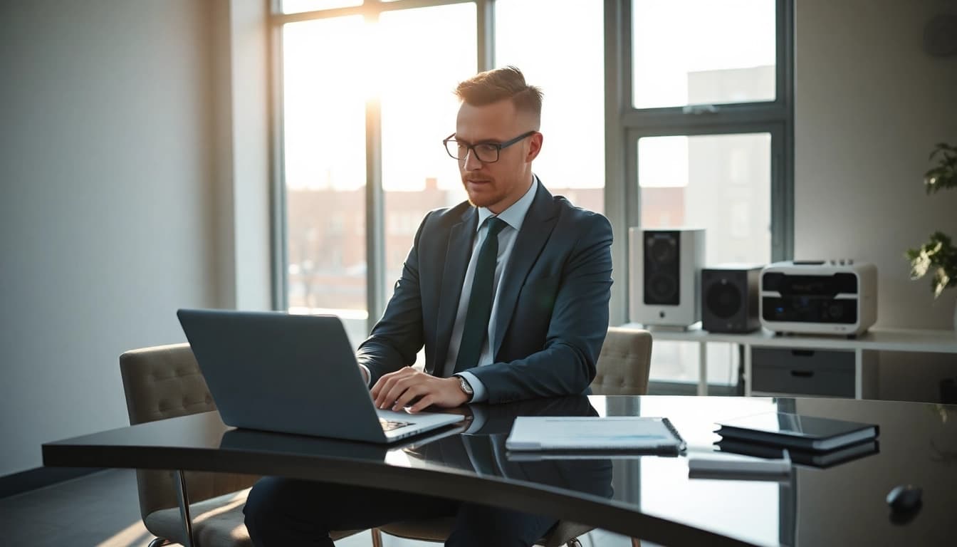 Headhunter IT berät vor einem Laptop in einem modernen Büro.