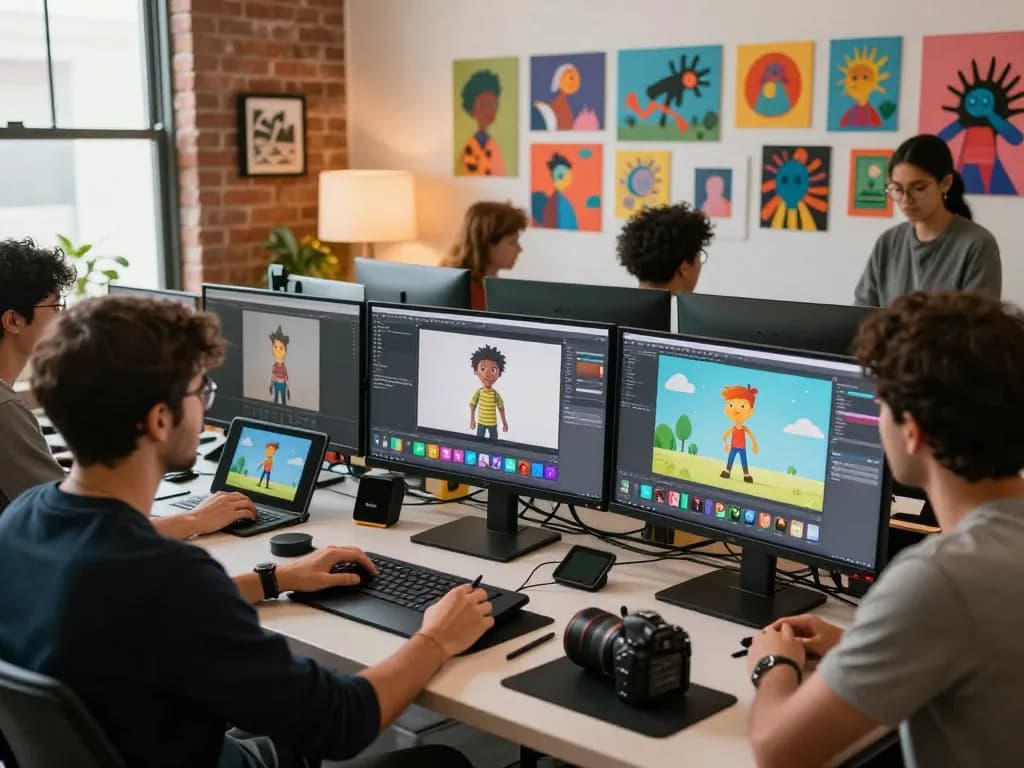 Creative studio showcasing motion control technology in action as artists animate characters with Kling 2.6, highlighting innovation.