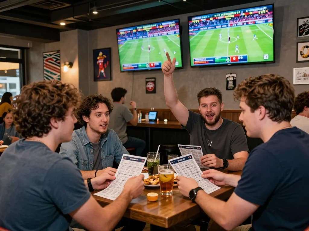 Excited patrons at sportpoolfocus enjoying live sports betting with screens showing game updates.