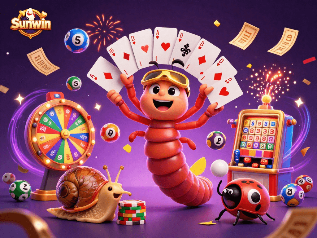 Experience the thrill of Sunwin with colorful lottery balls and animated characters in vibrant casino action.