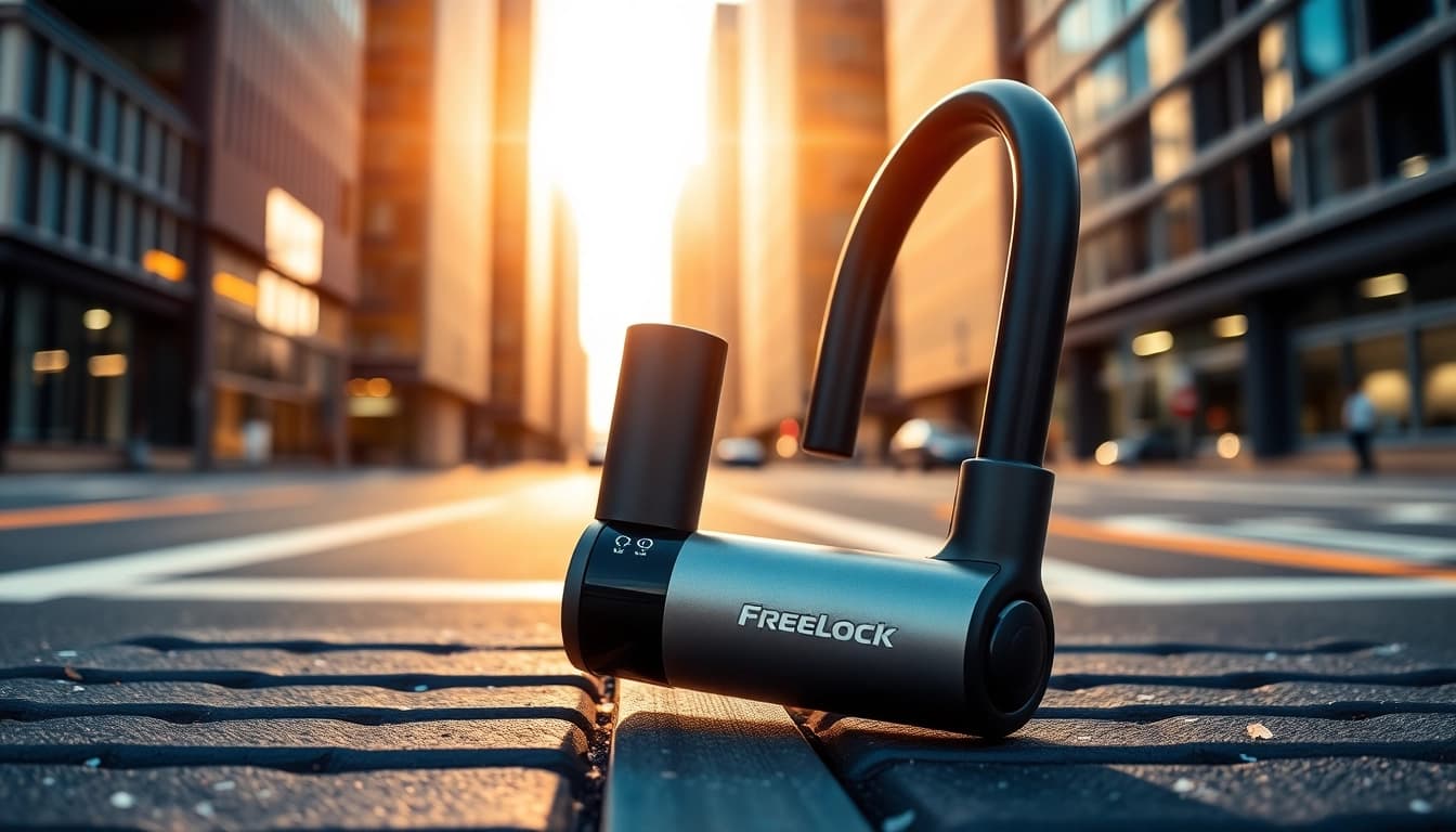 Freelock Fahrradschloss präsentiert im städtischen Umfeld mit robustem Design.