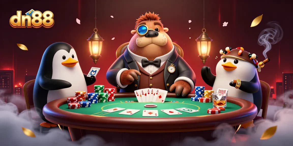 Play poker with dn88 as a walrus in Victorian attire at an underwater casino table.