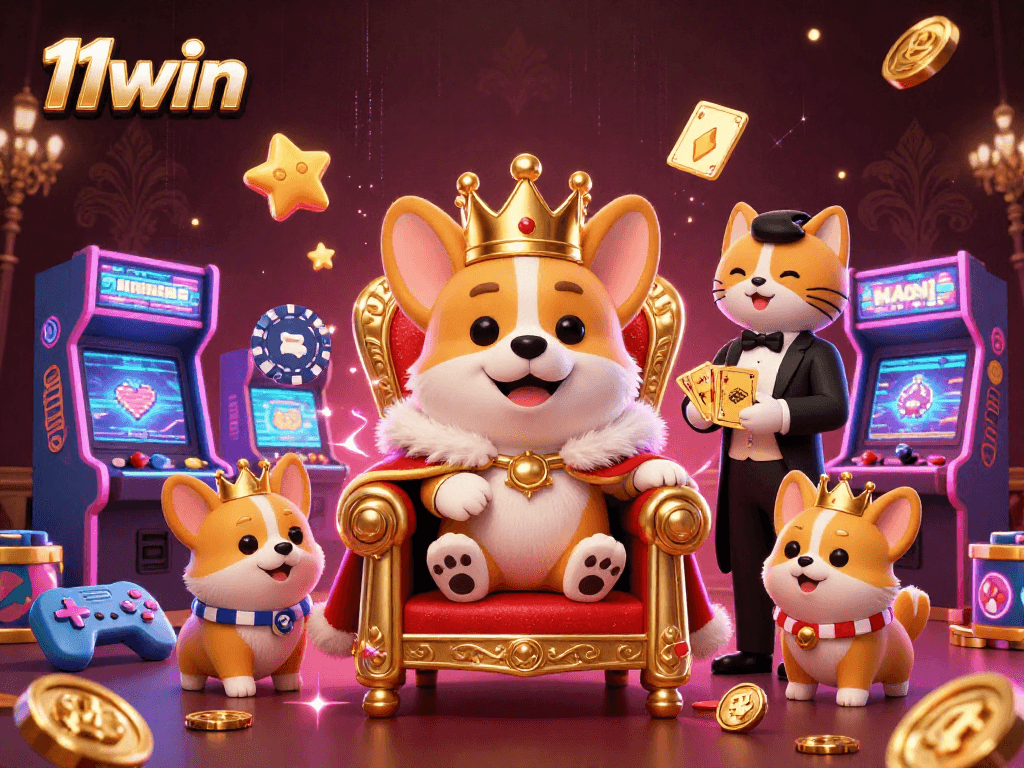 Engage in thrilling gameplay with 11win as the royal corgi reigns over a vibrant casino scene.