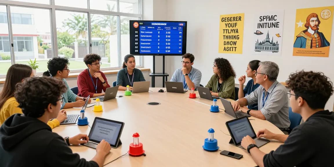 Begeisterte Teilnehmer im Quiz Allgemeinwissen Wettbewerb mit Tablets und bunten Buzzern.