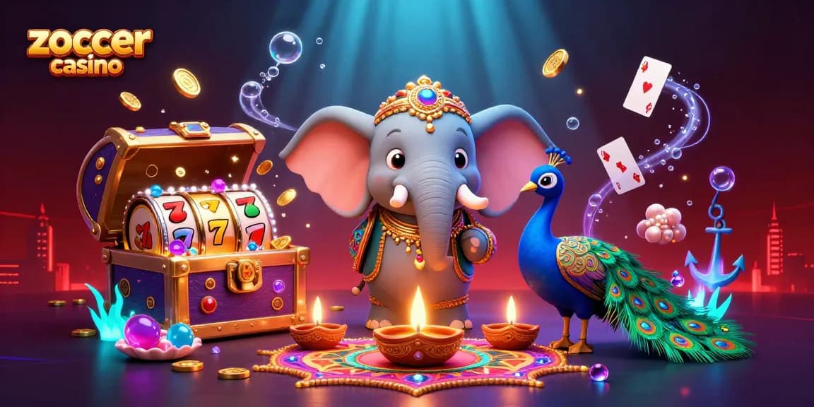 Zoccer casino offers an exciting game experience with vibrant slot reels, floating cards, and animated treasures.