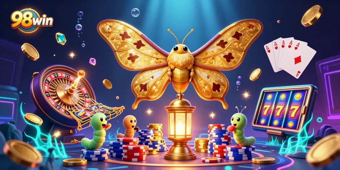 Experience the excitement of 98win with a vibrant 3D scene featuring casino elements and animated characters.