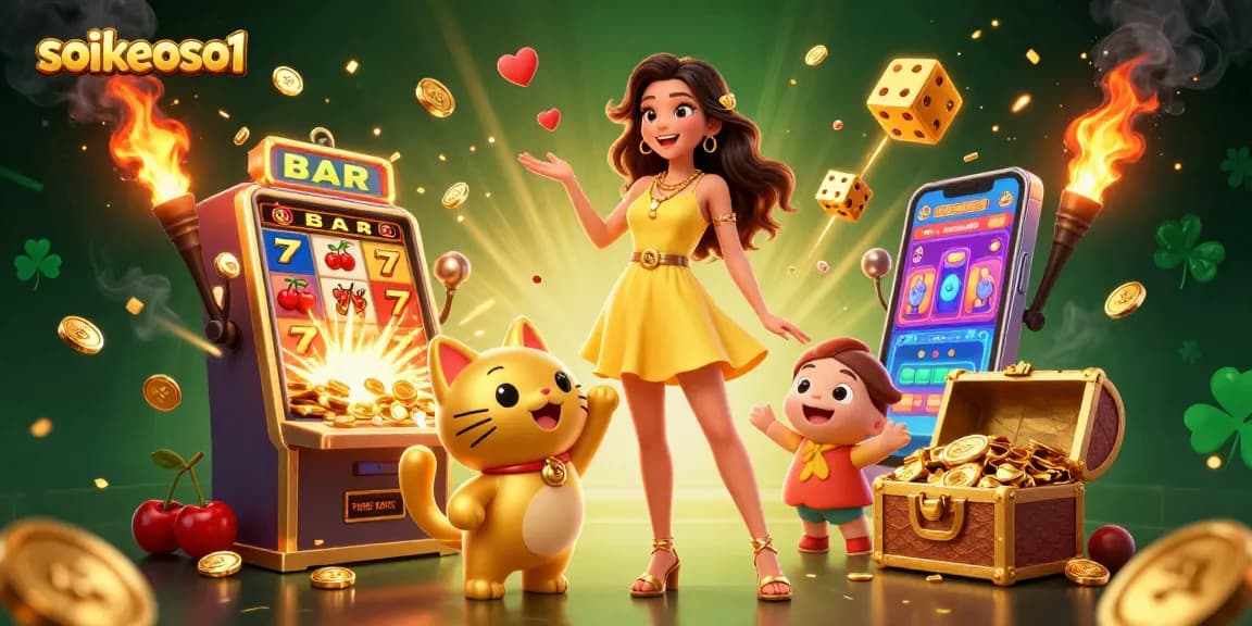 Win big with soikeoso1 at the slots featuring a cheerful woman and a lucky cat in an exciting casino scene.