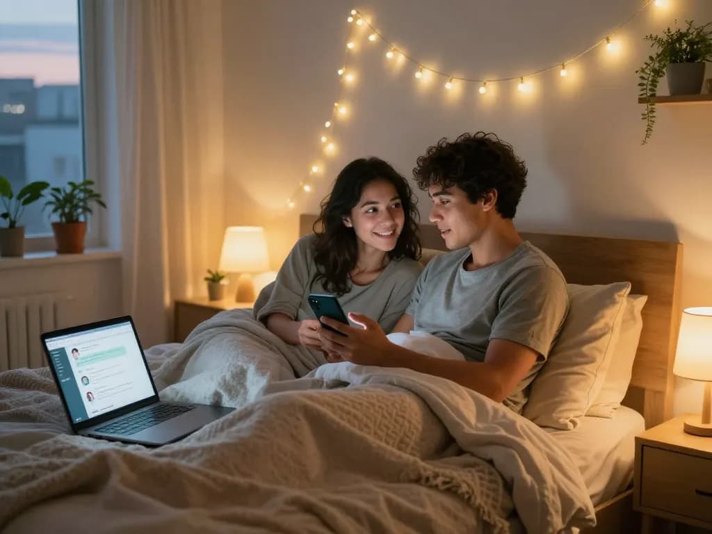 Couple using sexting AI chatbot on smartphones in cozy bedroom.