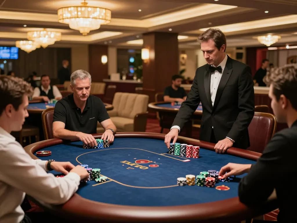 Players strategizing in the luxurious VIP poker area at manclub, surrounded by an upscale casino atmosphere.