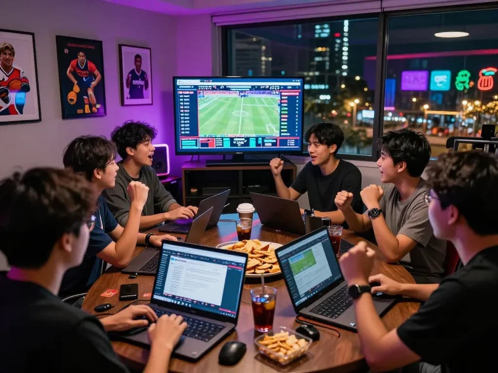 Exciting online betting scene with bong99 displayed on screens surrounded by enthusiastic friends.