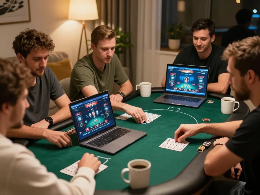 Man 88 players enjoying online poker with strategy notes and enthusiastic expressions