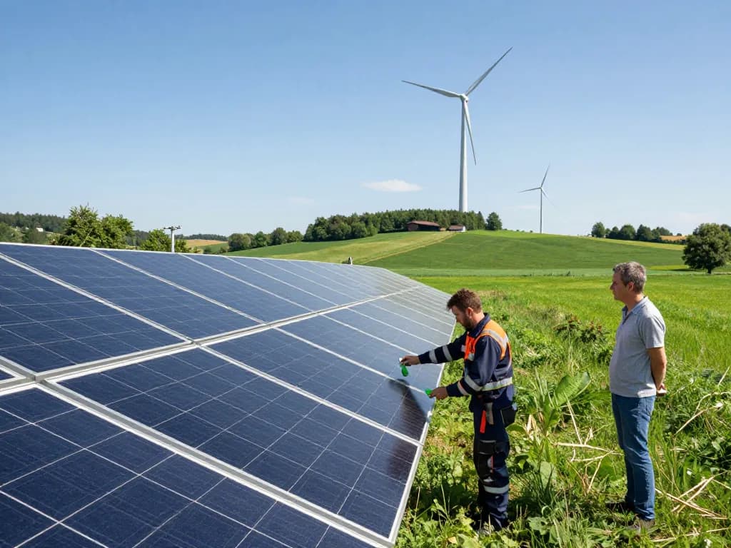 Photovoltaik Bayern Installation mit Techniker und Hausbesitzer in der malerischen bayerischen Landschaft.