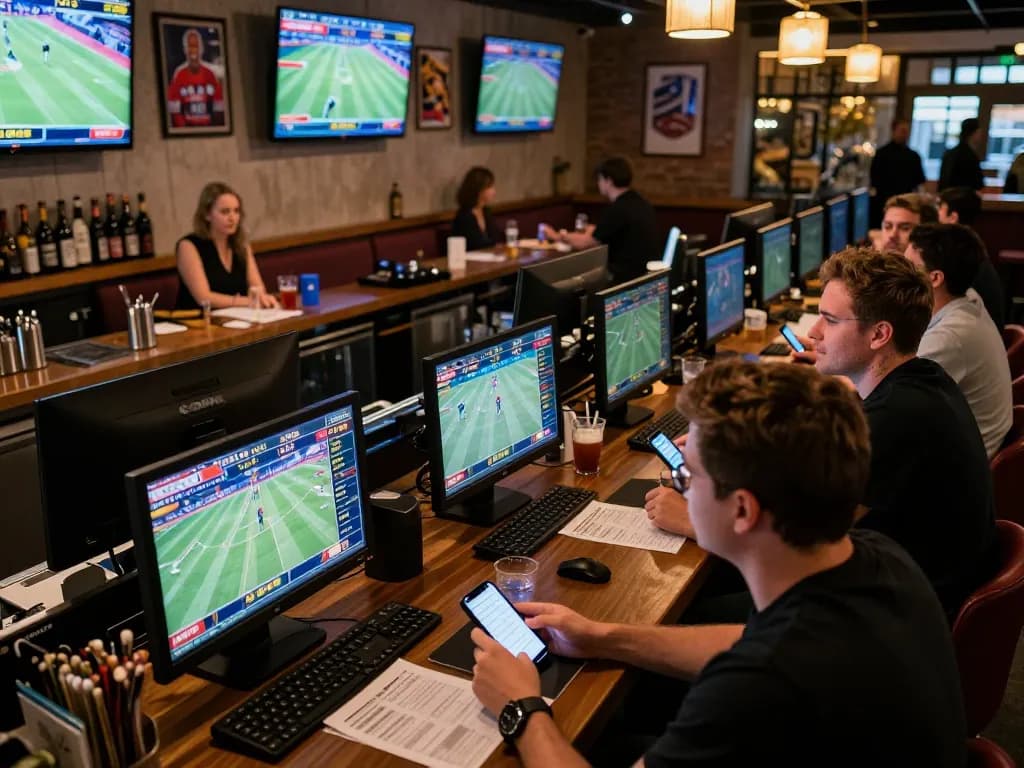 Kuwin1 users enjoy betting while watching live sports in an upscale lounge.