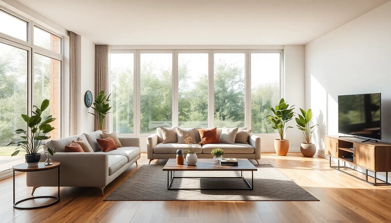 Gestalten Sie Ihre Raumgestaltung mit einem modernen, einladenden Wohnzimmer, das von natürlichem Licht durchflutet wird.