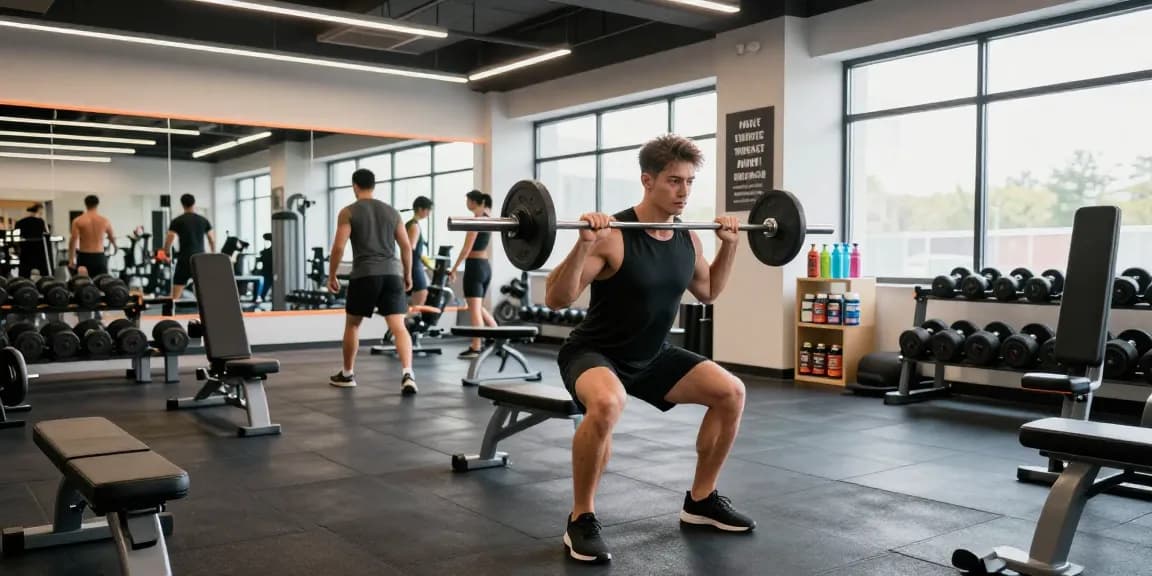 Sportler hebt Gewichte in einer modernen Fitnessstudio-Umgebung bei Steroidshop und zeigt Stärke und Engagement.