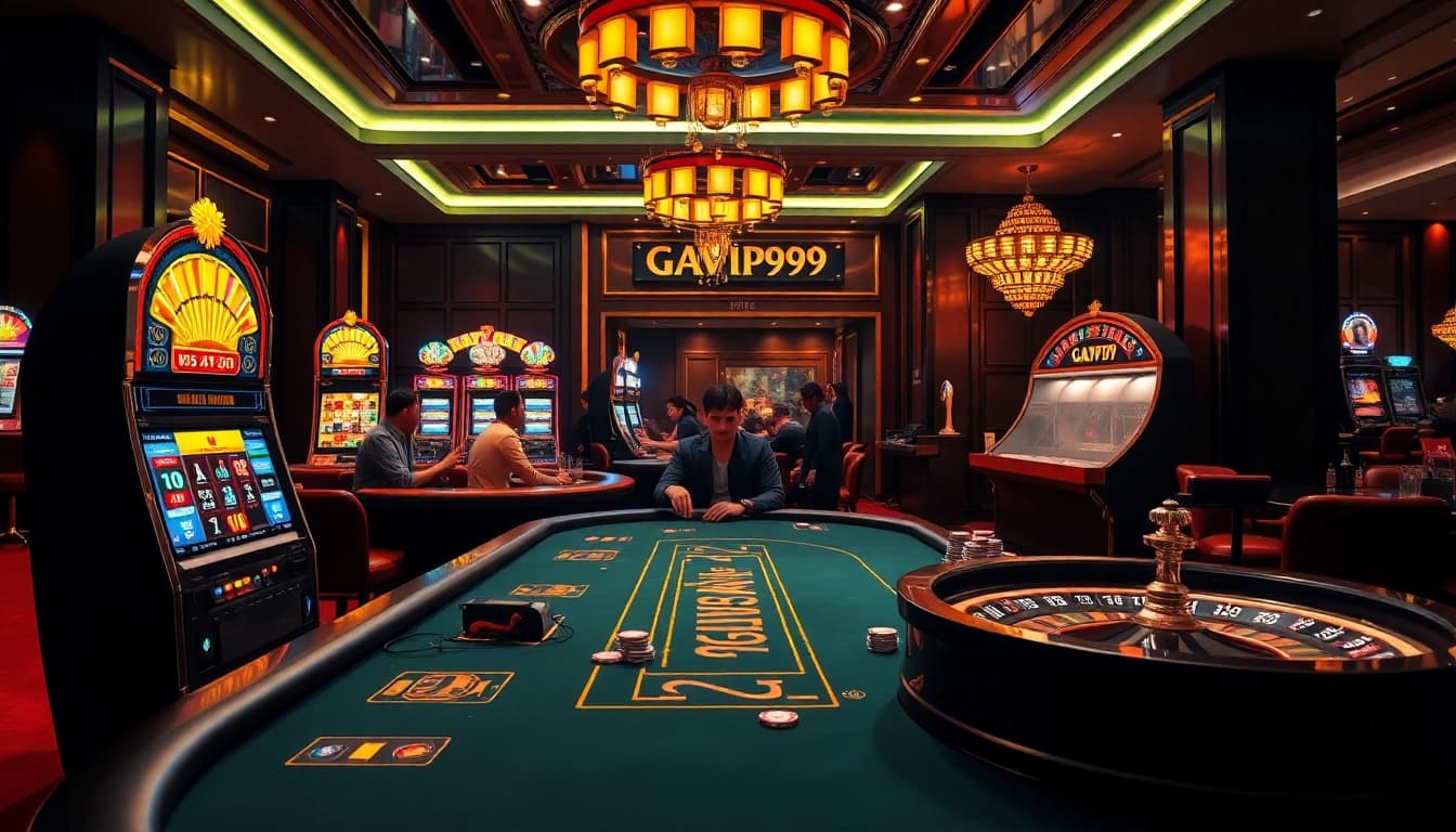 Experience the vibrant atmosphere of GAVIP999 with players at a poker table and flashing slot machines.