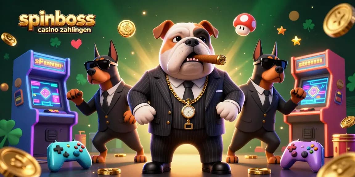 Spinboss Casino Zahlungen präsentieren sich in einer dynamischen Szene mit einem Bulldoggen-Mafia-Boss und zwei Dobermann-Schutzengeln.