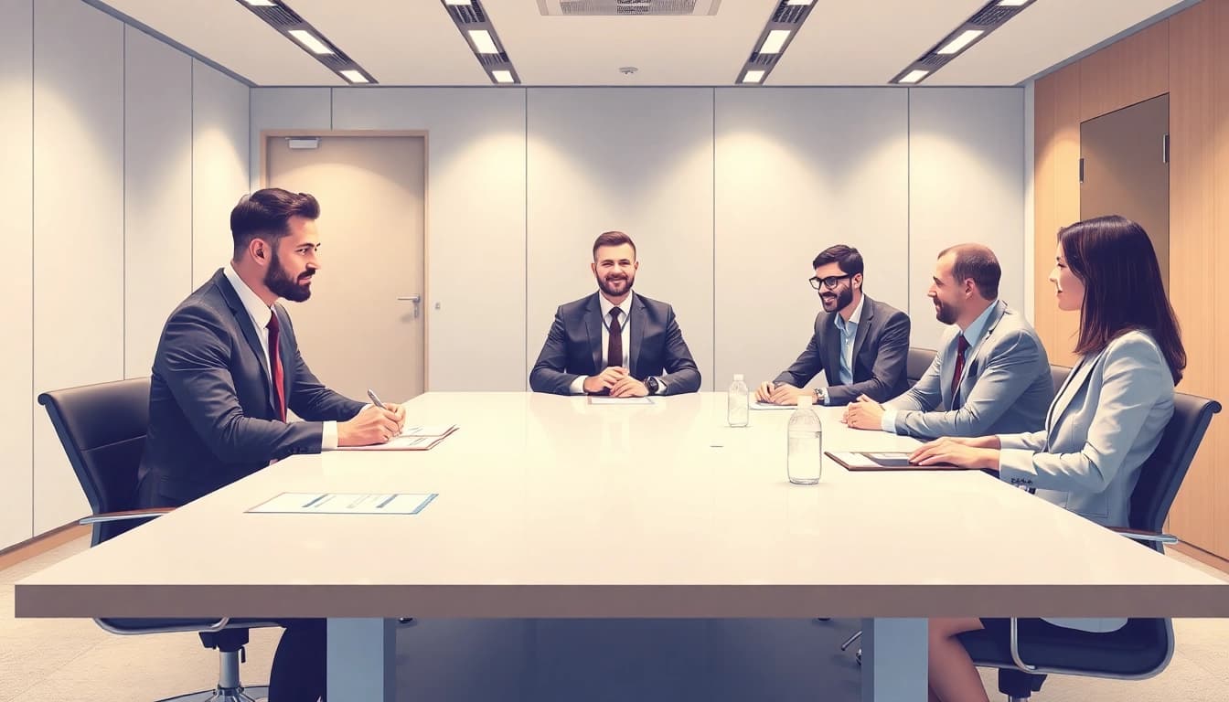 Unternehmensberatungssitzung mit Profis am Konferenztisch in einem modernen Büro.