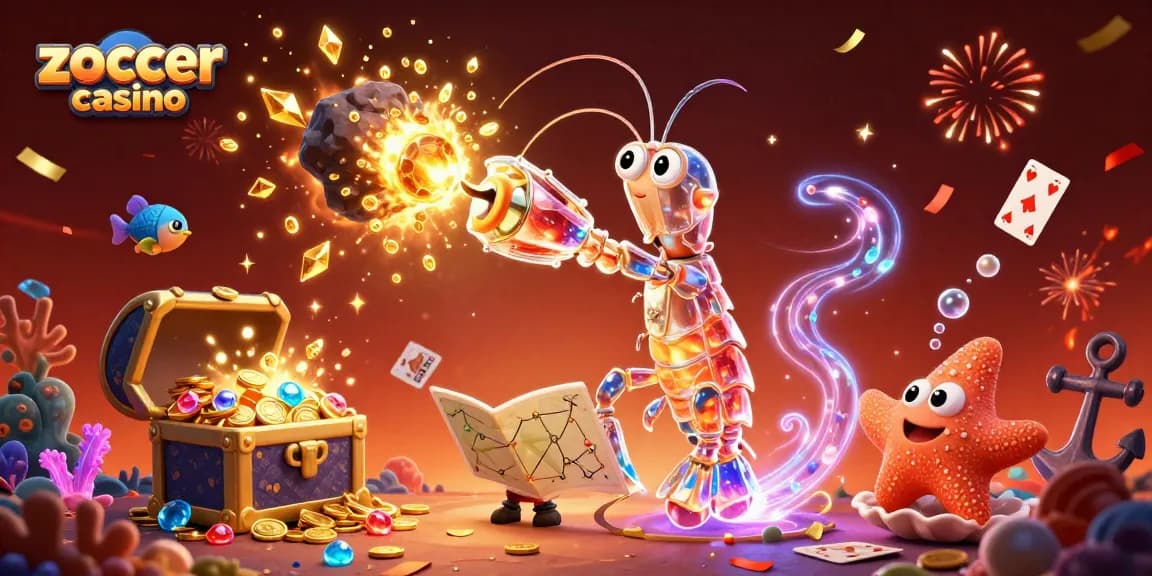 Zoccer casino showcases a galactic mantis shrimp and starfish in an explosive, colorful casino scene.