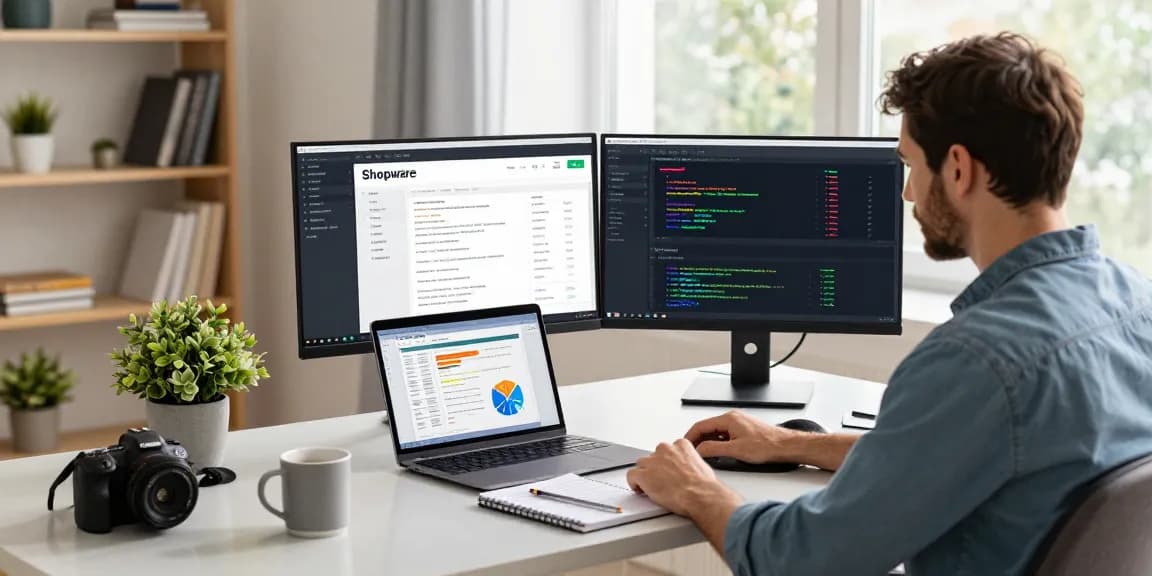 Shopware-Freelancer arbeitet in einem modernen E-Commerce-Büro und konzentriert sich auf die Entwicklung von Online-Shops.