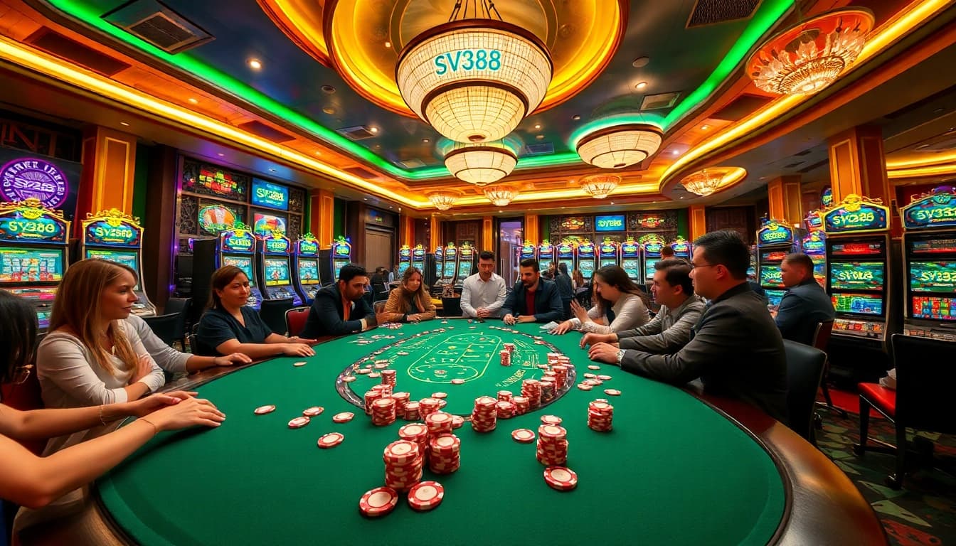 Players enjoying poker at a luxurious casino with SV388 branding, capturing the thrill of gambling.