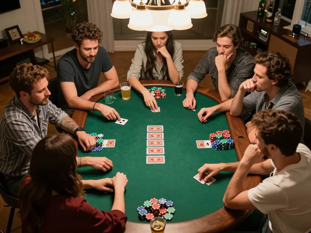 Engaged players analyzing their hands in a home poker game night, showcasing the importance of strategy with the KI Detektor deutsch concept as background.