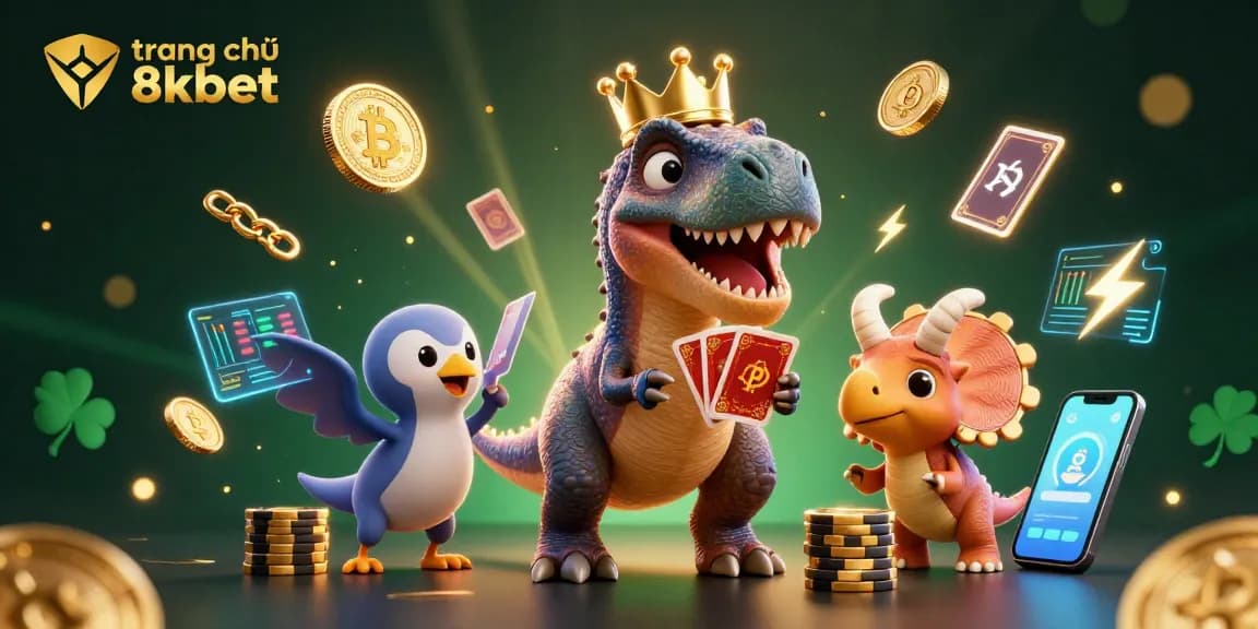 Experience the fun of trang chủ 8xbet with animated dinosaurs shuffling cards and stacking chips in a vibrant casino setting.