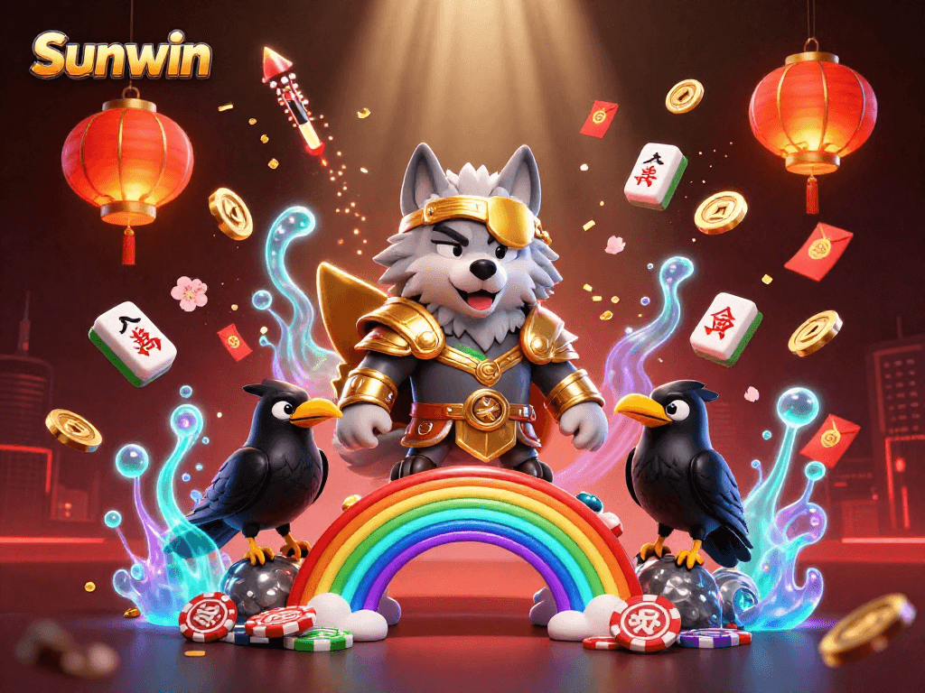 Experience the thrill of Sunwin with a vibrant 3D casino illustration featuring Odin and lucky symbols.