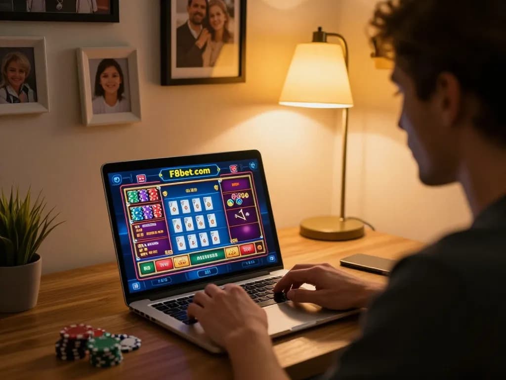 Engaging gameplay on F8bet com in a warm home setting with casino games visible on the laptop screen