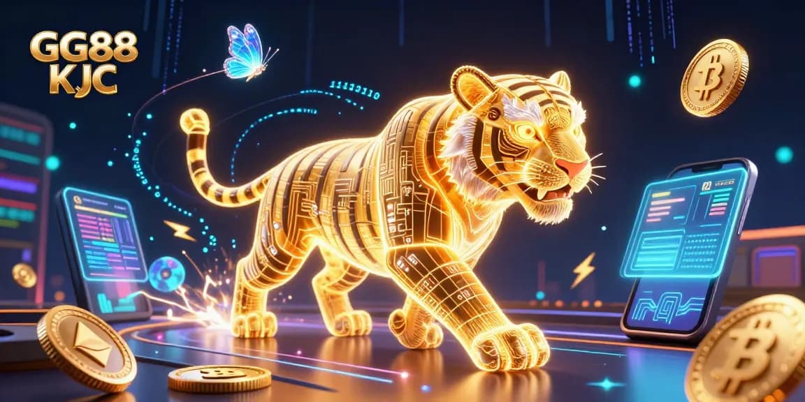 Experience gaming excitement with GG88 KJC in this vibrant digital casino scene featuring a golden tiger and crypto elements.