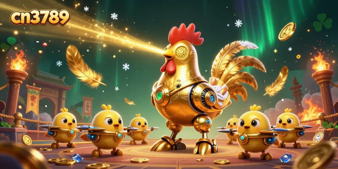 Engage with cn3789's thrilling casino experience featuring a futuristic golden rooster robot and baby chick drones.
