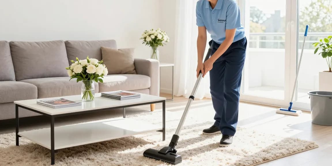 Professional cleaner from reinigungsfirma solothurn vacuuming a cozy living room with sunlight streaming in.