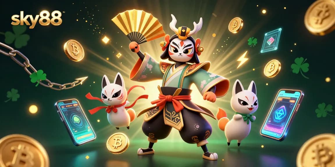 Join the sky88 adventure with kabuki characters amidst floating cryptocurrency elements.