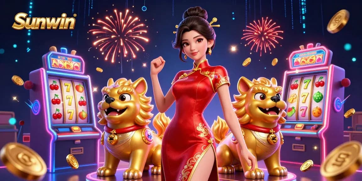 Experience the excitement of Sunwin's casino slots with a glamorous Asian character and colorful slot machines.