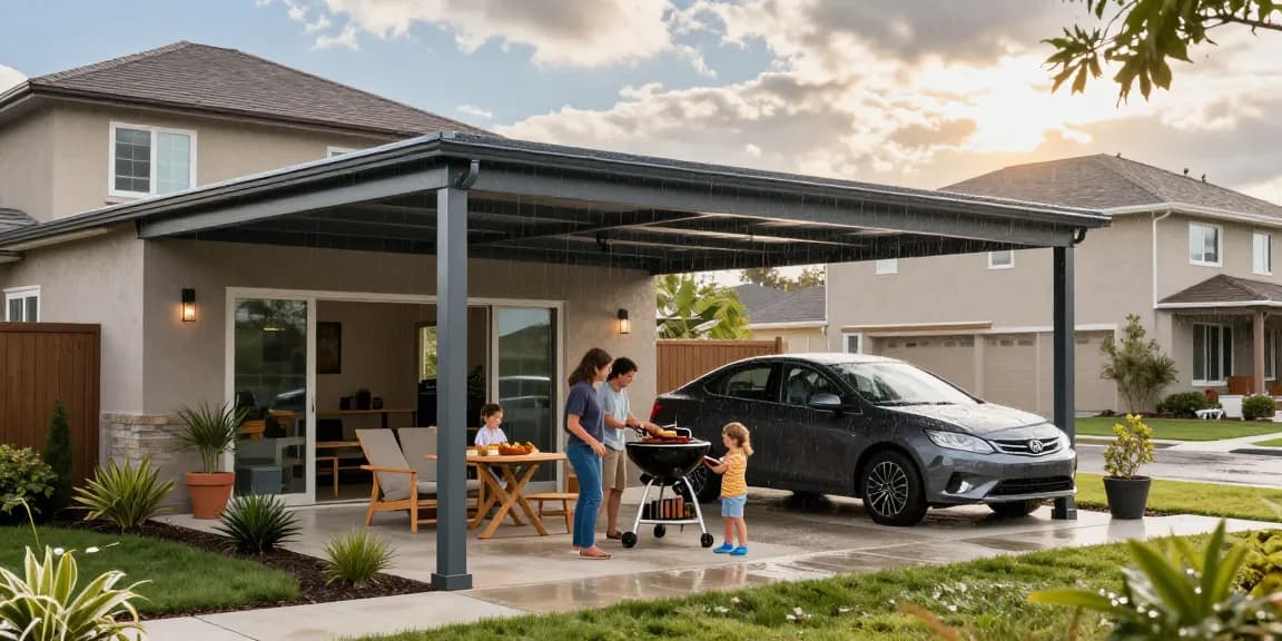 Moderne Carport-Struktur schützt das Auto vor den Elementen, während eine Familie ein Barbecue unter dem Carport genießt.