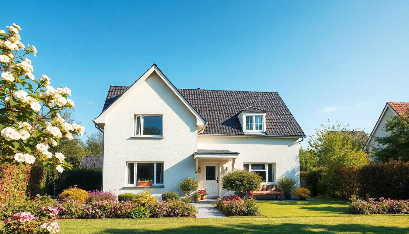 Häuseransicht für den Hauskauf: modernes Einfamilienhaus mit lebendigem Garten in warmer Beleuchtung.