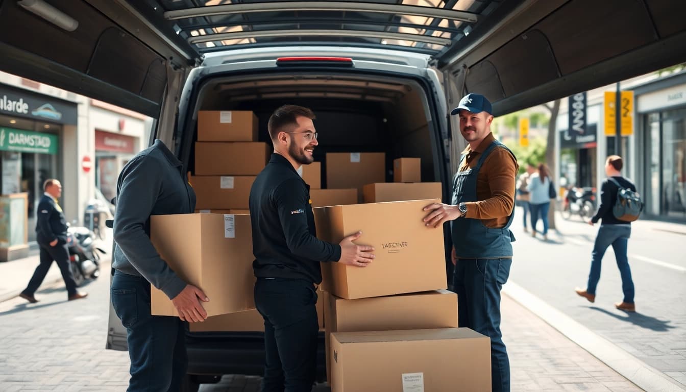 Umzugsunternehmen Darmstadt packt sorgfältig Umzugskartons in ein Lieferfahrzeug.