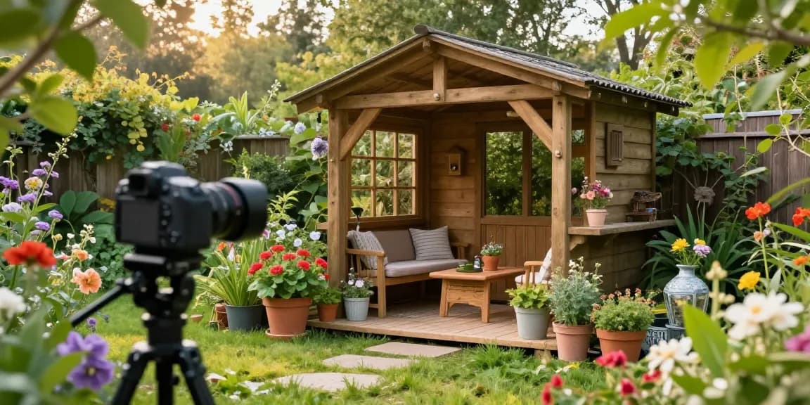 Attraktives Gartenhaus Holz im grünen Garten mit Blumen und Sitzbereich.