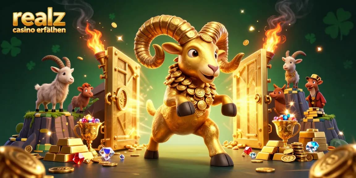 Erfahre realz casino erfahrungen in einem lebhaften 3D-Casino mit einem goldenen Widder, der durch ein Tor stürmt.