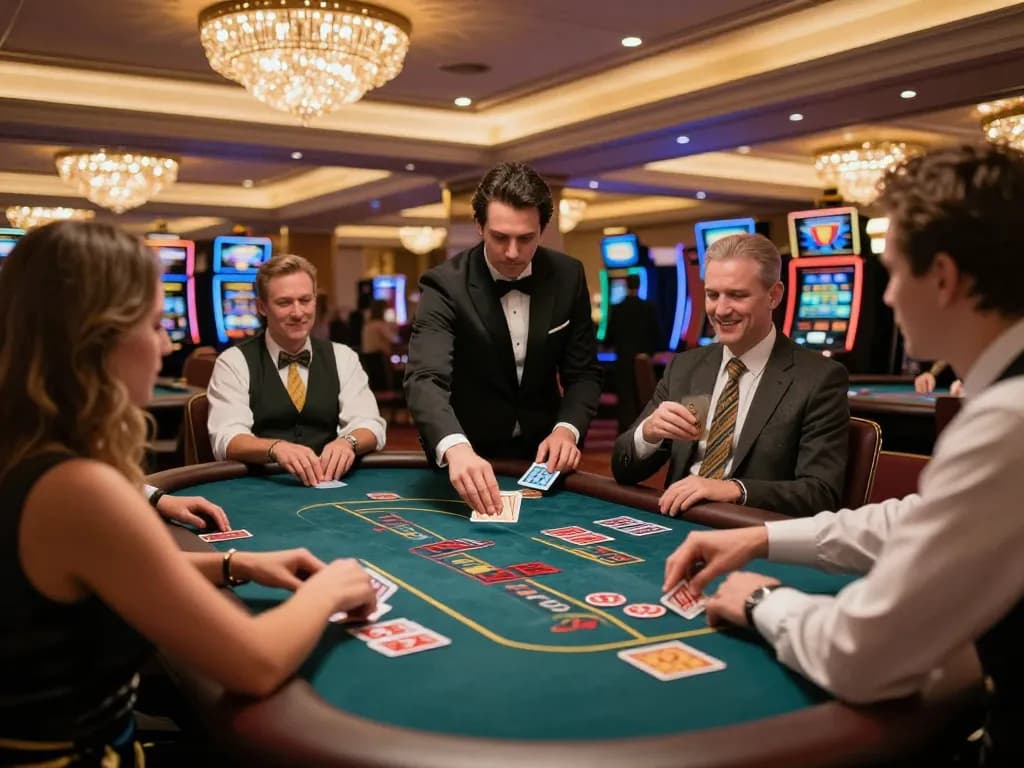 Players enjoying blackjack at 79king-vn casino, showcasing strategic gameplay in a vibrant atmosphere.