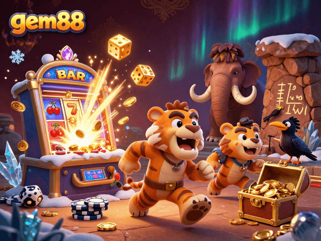 Win big with gem88 at a vibrant casino featuring characters and dynamic gaming elements.