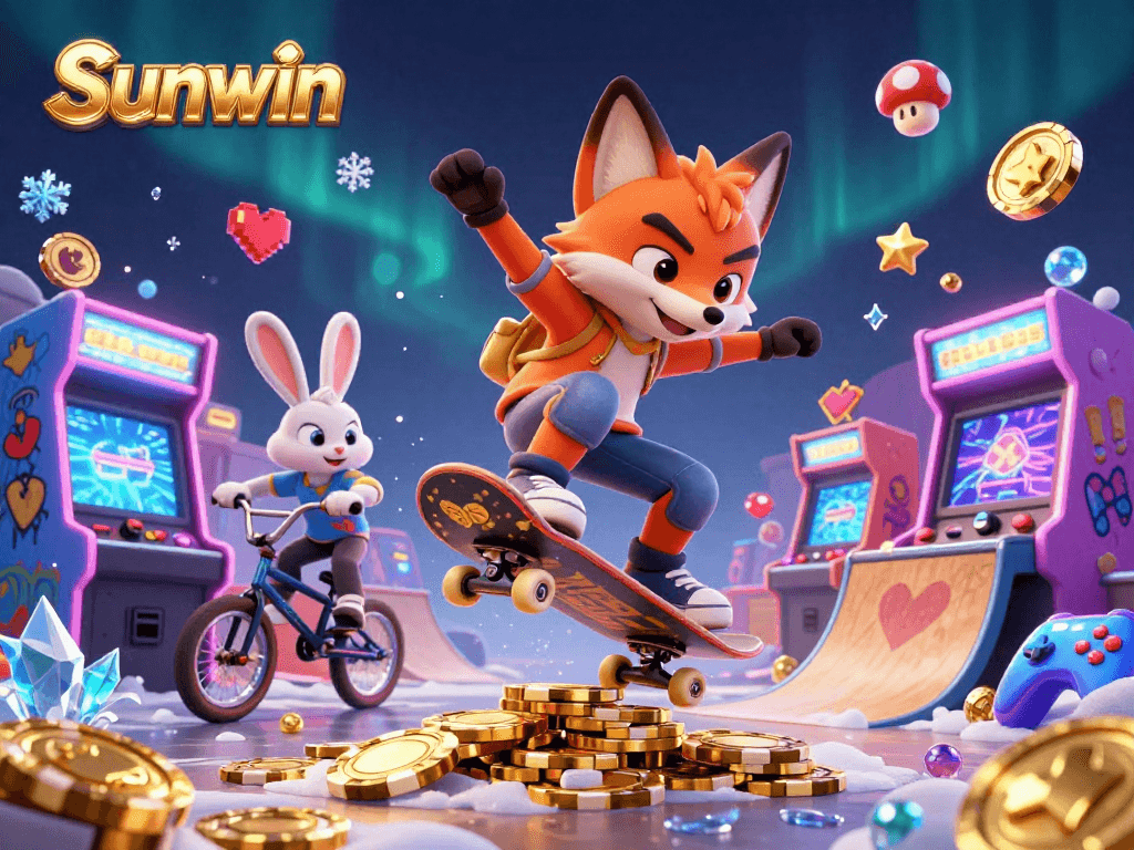 Sunwin brings excitement with a 3D fox skateboarder and a rabbit BMX rider in a vibrant casino scene.