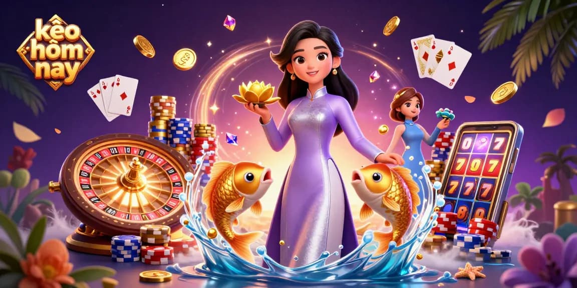 Experience kèo hôm nay with vibrant casino elements in a dynamic 3D illustration featuring an Asian woman.