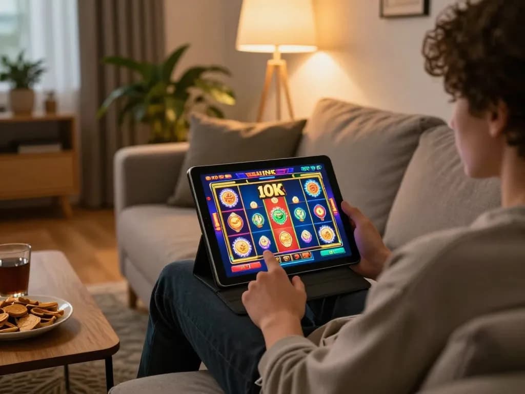 Engaging in online slot 10k gameplay on a tablet in a cozy home setting.