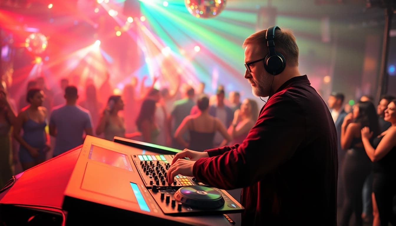 DJ in München performing at a vibrant nightclub with a lively crowd.