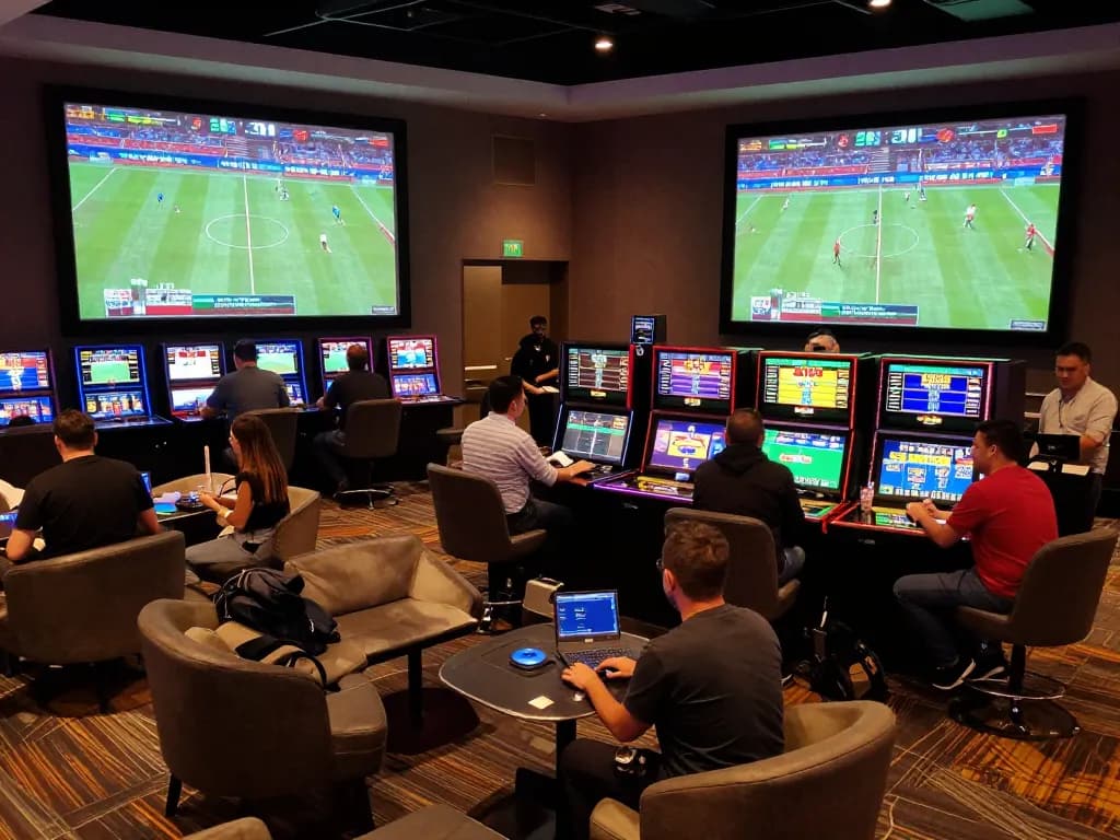Fans engaging in live sports betting at MK8 casino with thrilling atmosphere and multiple screens.