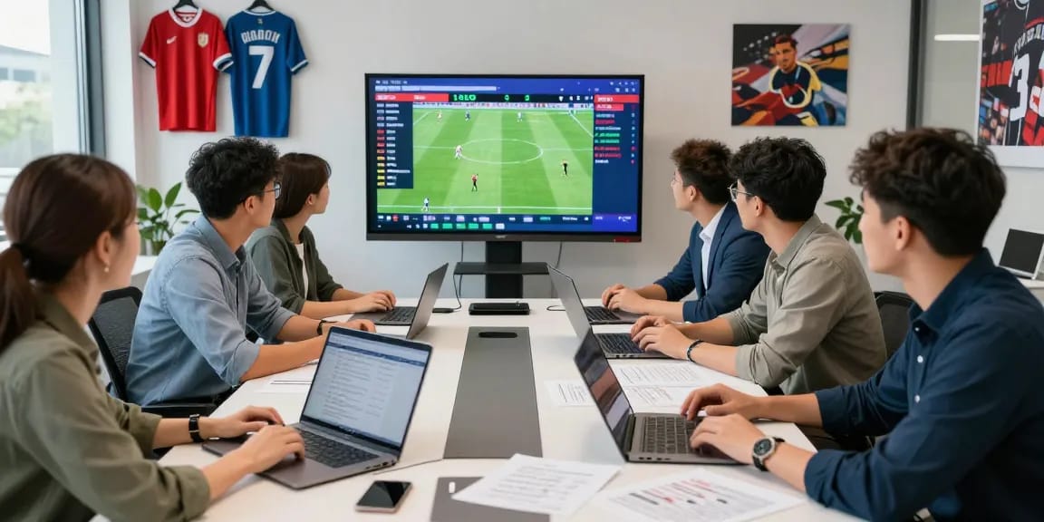 Sports analysts at https://soikeonhacai.com.co/ collaborating over football match insights and betting odds in a bright modern office.
