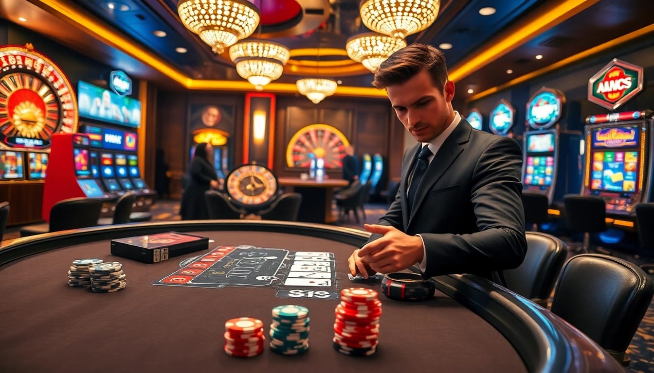 A lively casino scene showcasing ALO 789 không chặn with poker chips and roulette excitement.