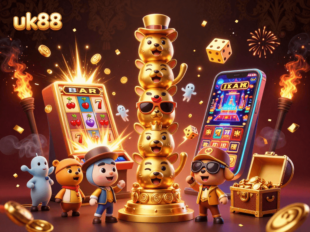 Experience the thrill of uk88 gaming with a vibrant scene of golden totems and explosive jackpots.